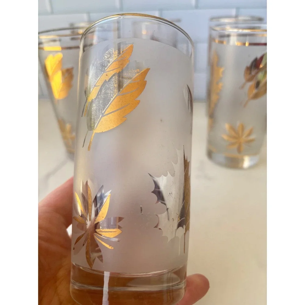 Vtg Libbey Frosted Gold Leaf Highball Glasses Set of 5 MCM Fall Barware 5.5in